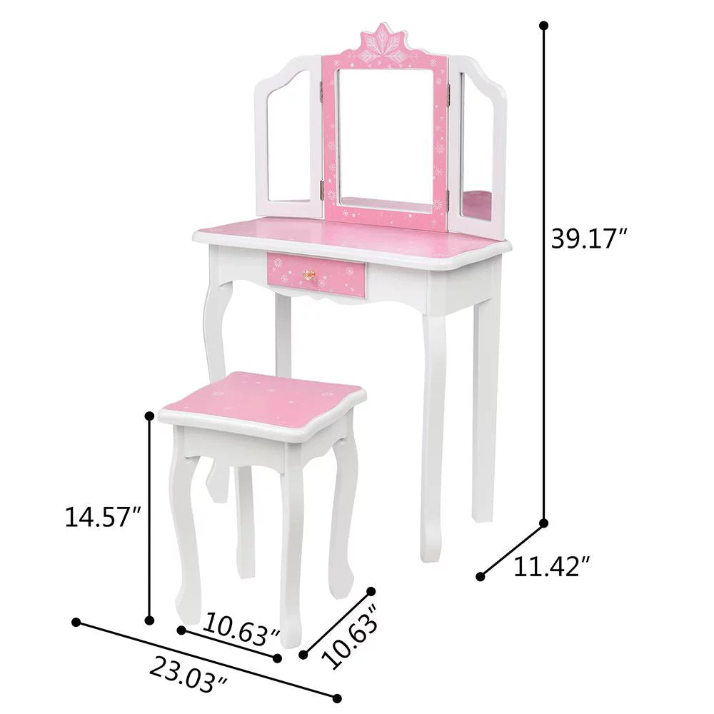 SalonMore Snow Style Wooden Kids Vanity Makeup Desk w/ Mirror,Stool,Drawer Pink