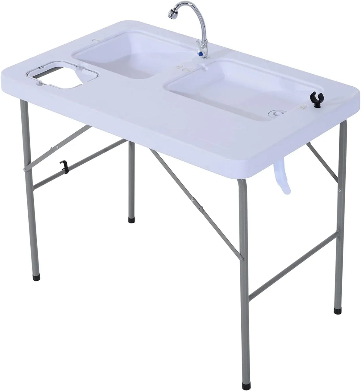 Folding Camping Table with Faucet and Dual Water Basins, Outdoor Fish Table Sink Station, for Picnic, Fishing, 40''