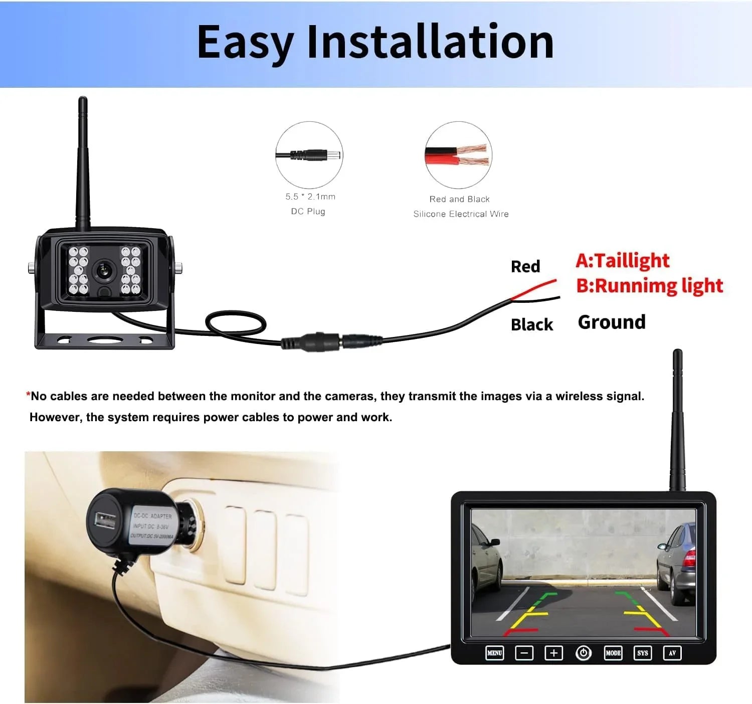 ZEROXCLUB Wireless Backup Camera HD 1080P IP69K Waterproof Night Vision 7'' DVR Split Touch Monitor for Truck/RV/Trailer/Bus-B701