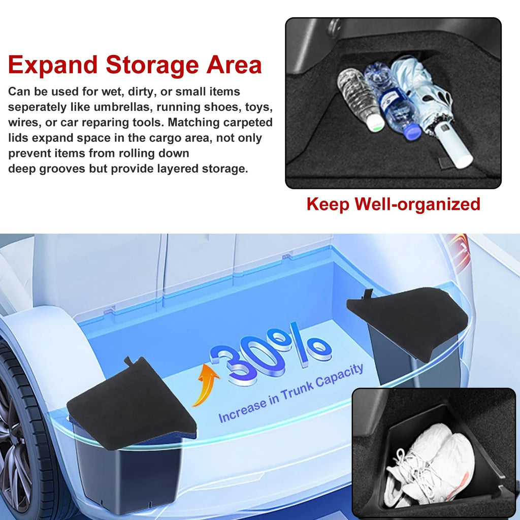 Xotic Tech Black Rear Trunk Side Storage Grocery Box w/Lid Reinforced Handle Partition Board Shield Organizer Packet Holder Bin Suitable with Tesla Model Y 5 Seater 2022-up