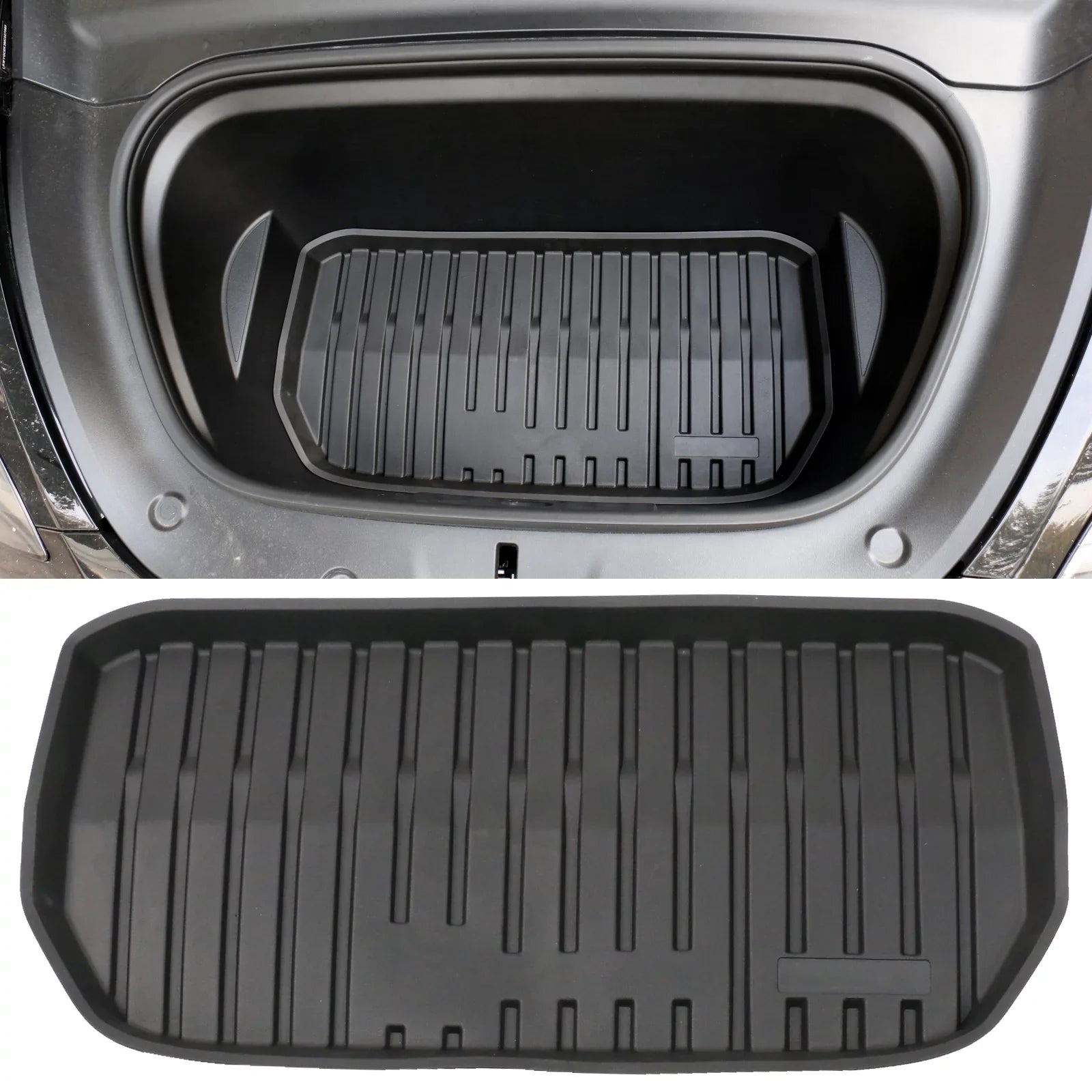 Ikon Motorsports Trunk Mats + Protector Backrest Shield Matching with 2020-2023 Tesla Model Y Black Injection TPE All Condition Waterproof Anti-Slip Frunk Trunk Under Cargo Storage Liner Mat