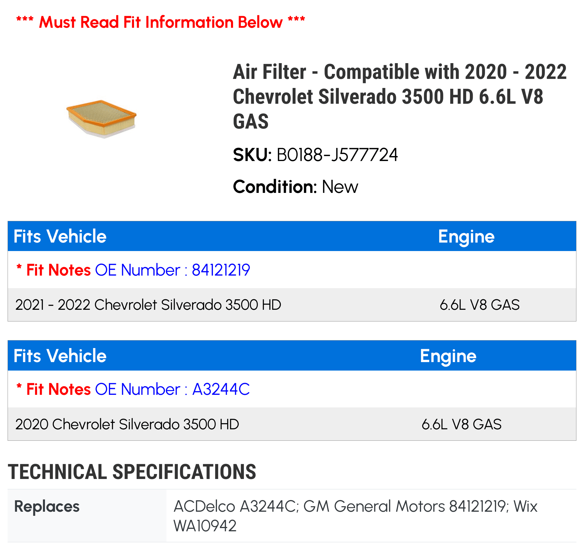 Air Filter - Suitable with 2020 - 2022 Chevy Silverado 3500 HD 6.6L V8 GAS 2021