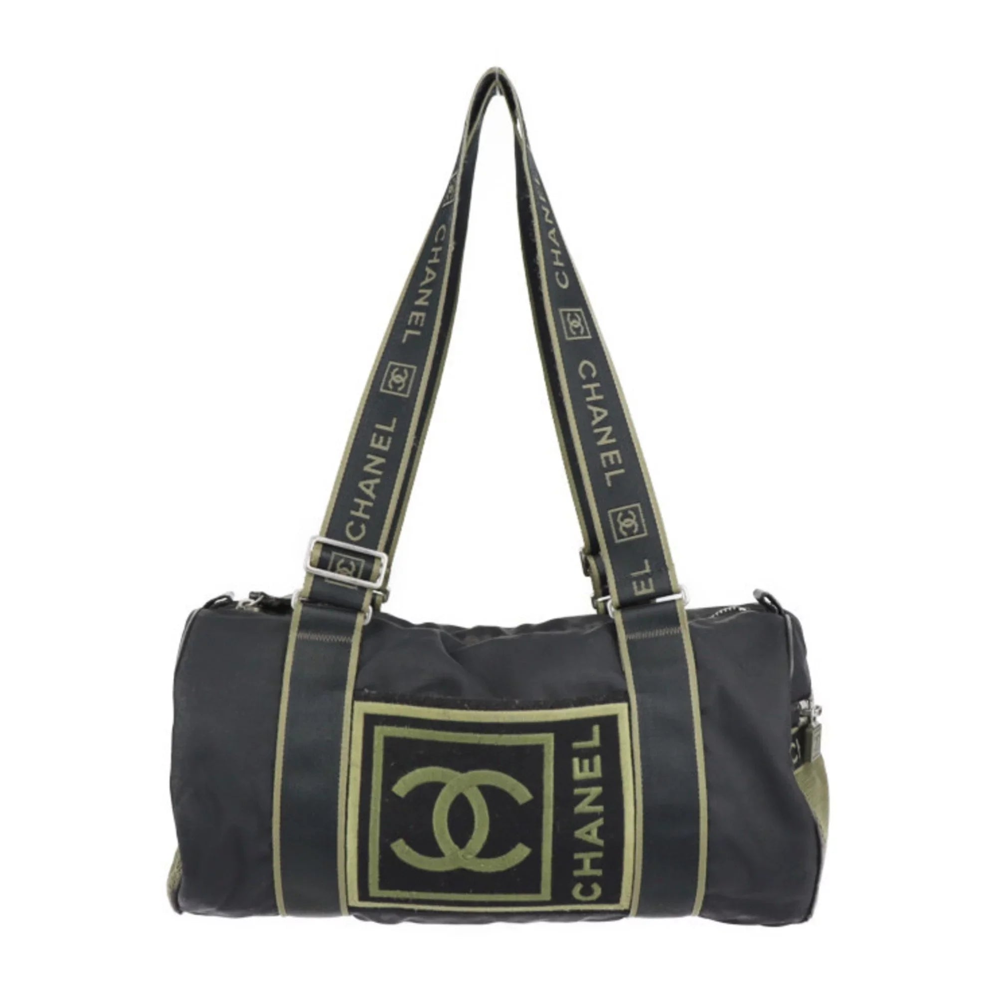 Pre-Owned CHANEL Chanel Sport Line Boston Bag Nylon Canvas Black Khaki Green Shoulder Travel Cocomark 10 Series Round Cylindrical (Fair)