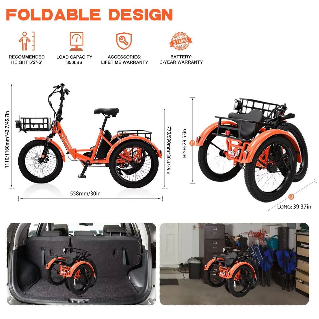 MOPHOTO 16MPH 500W 48V 14.5Ah 20" Electric Folding Tricycle for Women, Electric Motorized Tricycle Adult, Fat Tire 3 Wheel Electric Bikes, Step-Thru 1-Speed Electric Trike for Senior, Men
