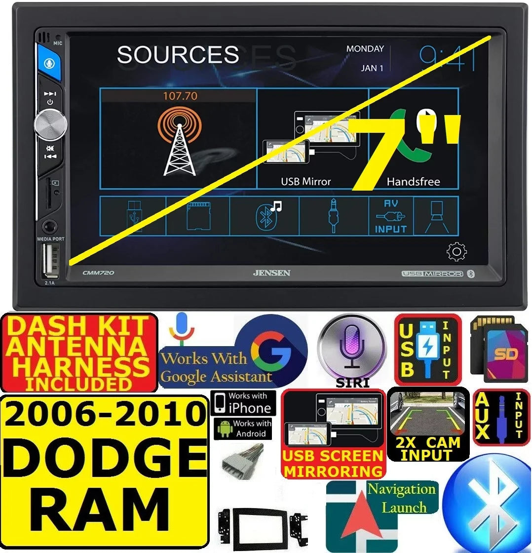FITS 06-10 DODGE RAM AM/FM USB/BLUETOOTH TOUCHSCREEN CAR RADIO STEREO PKG. INCLUDES VEHICLE SPECIFIC INSTALLATION HARDWARE INCLUDING DASH KIT, WIRE HARNESS, AND ANTENNA ADAPTER WHEN REQIRED.