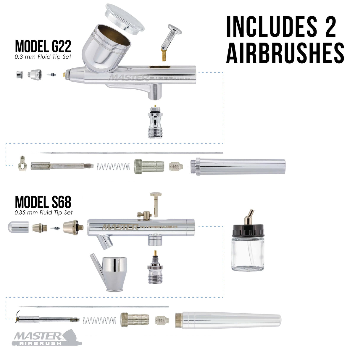 Professional Master G22, S68, E91 Airbrush Kit with Master Compressor TC-20, Air Hose & 6 Wicked Createx Colors