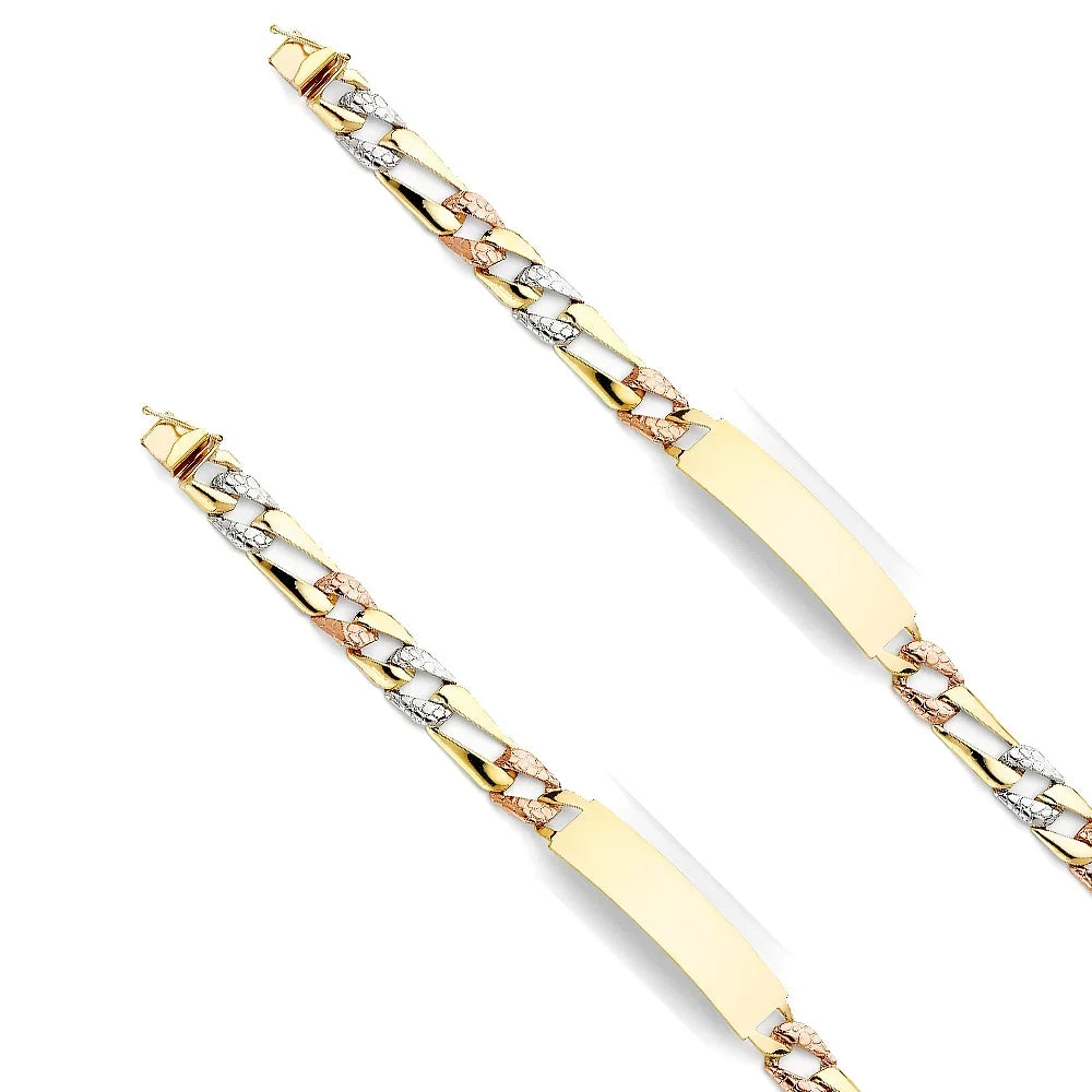 14k Tri Color Gold Stamp Figaro Link ID Bracelet - 8" | Elegant 14KY Gold Chain Bracelets for Women and Men| Weight 13.5 | Men’s Jewelry for Gift