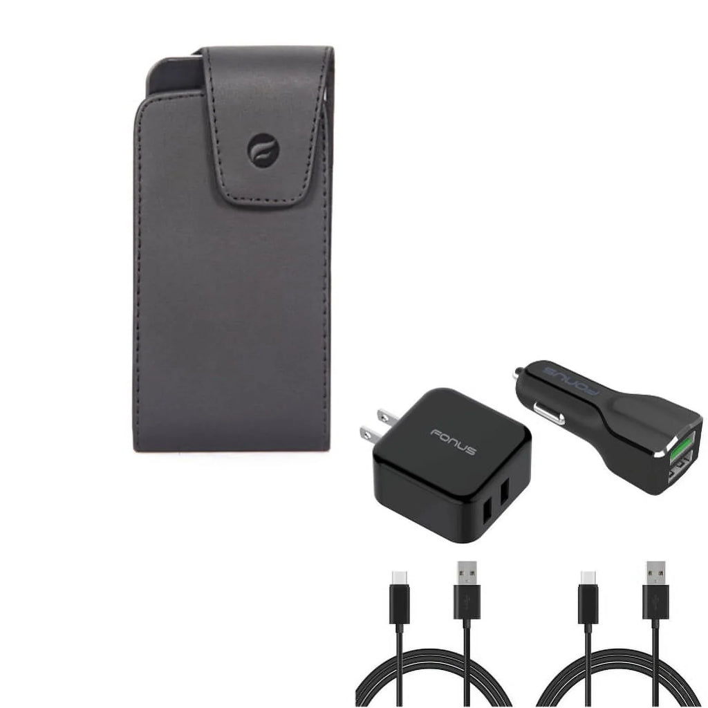 Black Leather Phone Case w 4-in-1 Adaptive Fast Home Car Charger 6ft Long (Two) USB Cable Bundle Z2D for Acer Liquid Jade Primo - Alcatel Idol 4S - ASUS ZenFone 5z 4 Pro - Blackberry Motion
