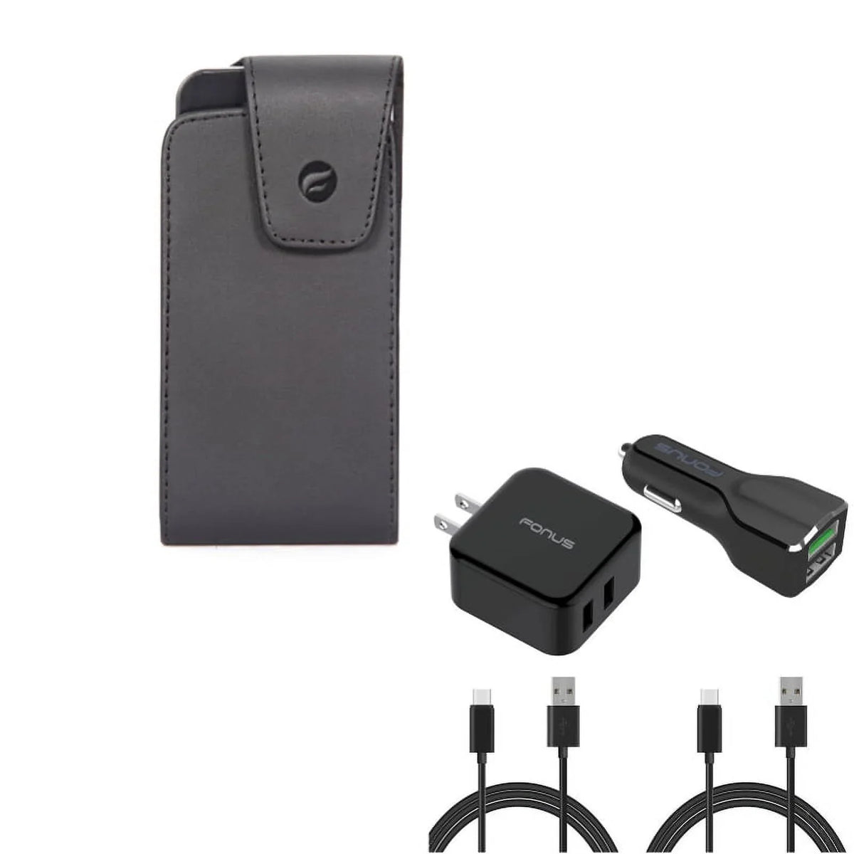 Black Leather Phone Case w 4-in-1 Adaptive Fast Home Car Charger 6ft Long (Two) USB Cable Bundle Z2D for Acer Liquid Jade Primo - Alcatel Idol 4S - ASUS ZenFone 5z 4 Pro - Blackberry Motion