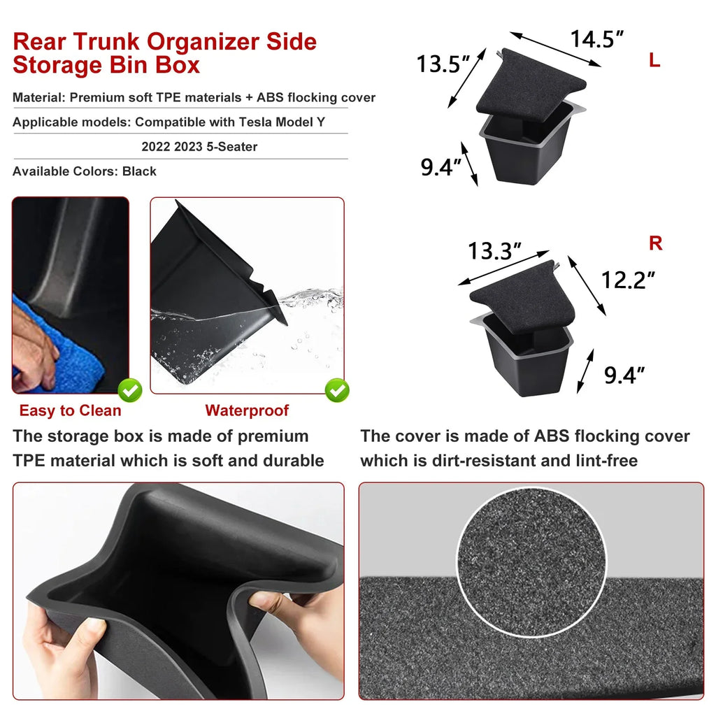 Xotic Tech Black Rear Trunk Side Storage Grocery Box w/Lid Reinforced Handle Partition Board Shield Organizer Packet Holder Bin Suitable with Tesla Model Y 5 Seater 2022-up