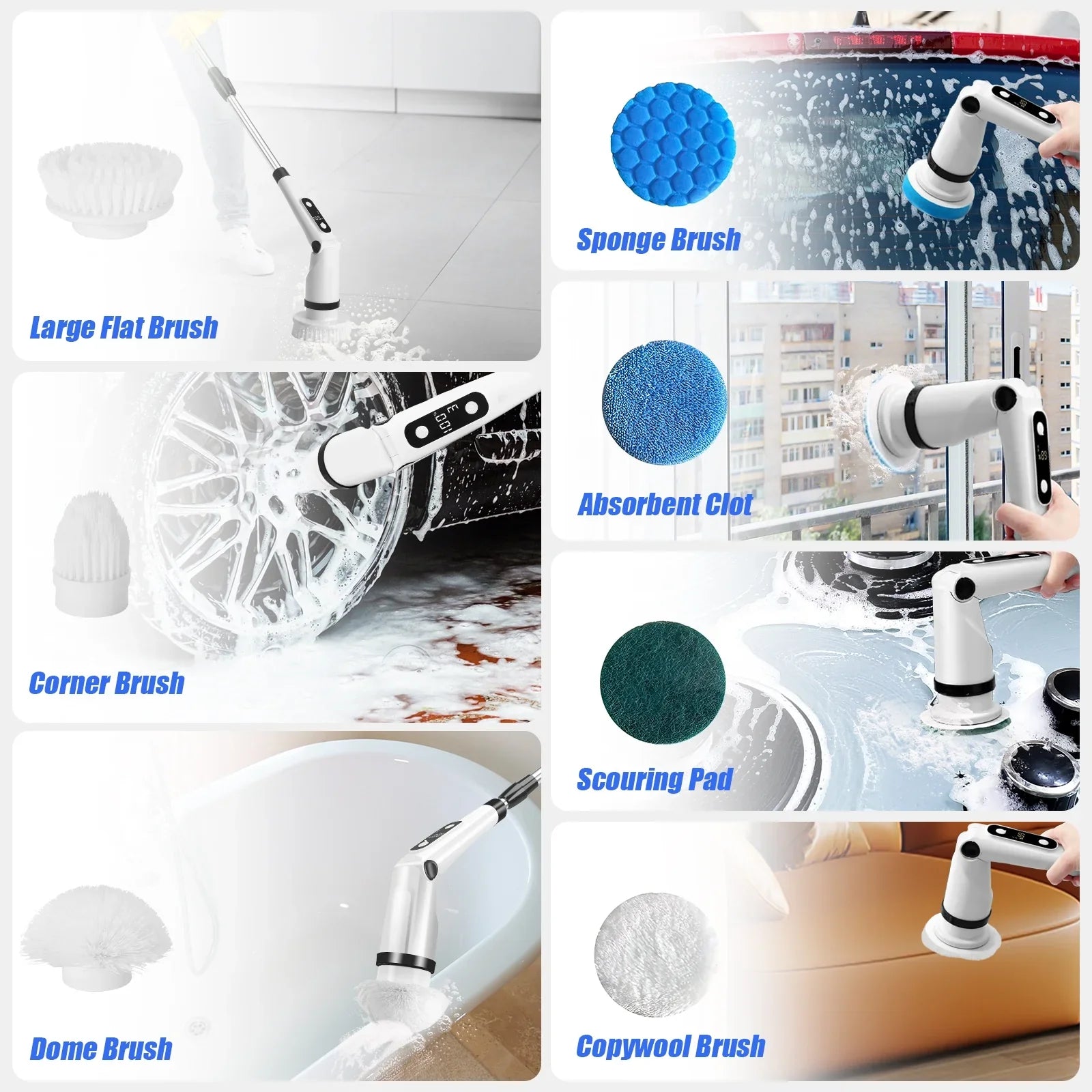 Electric Spin Scrubber, WLRETMCI Cordless Cleaning Brush with 8 Brush Heads,Shower Scrubber with Long Handle Household Cleaning Brushes for Bathroom Tub Tile Kitchen Floor Car