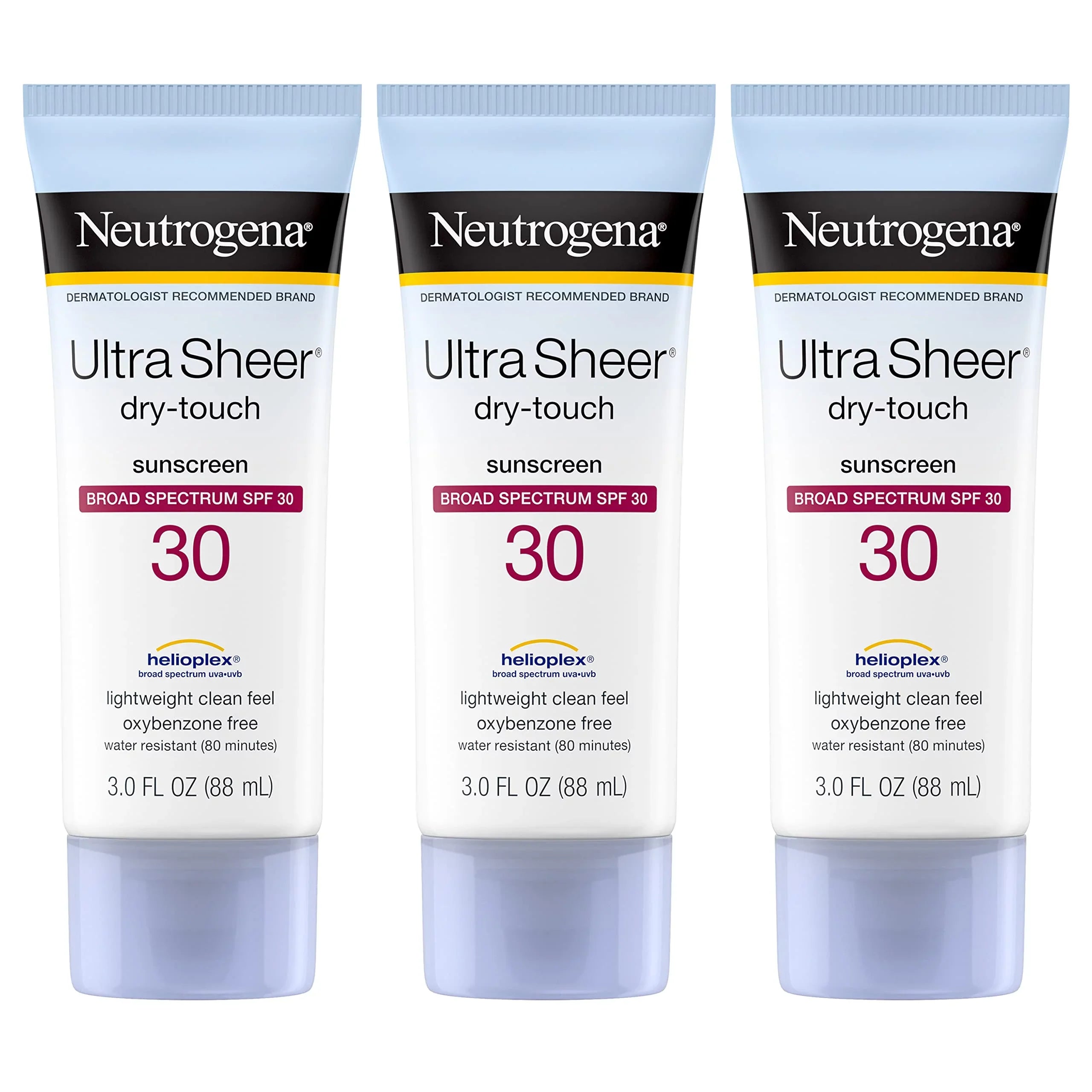 Neutrogena Ultra Sheer Dry-Touch Sunscreen Lotion, Broad Spectrum Spf 30 Uva/Uvb Protection, Oxybenzone-Free, Water Strong Non-Comedogenic, Non-Greasy, Travel Size, 3 Fl. Oz, Pack Of 3