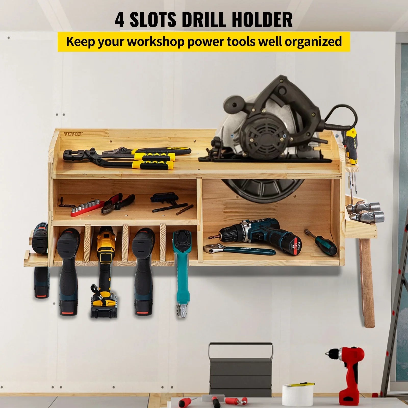 BENTISM Power Tool Organizer Drill Wall Tool Holder 4 Slots 3-shelf Wall Mounted