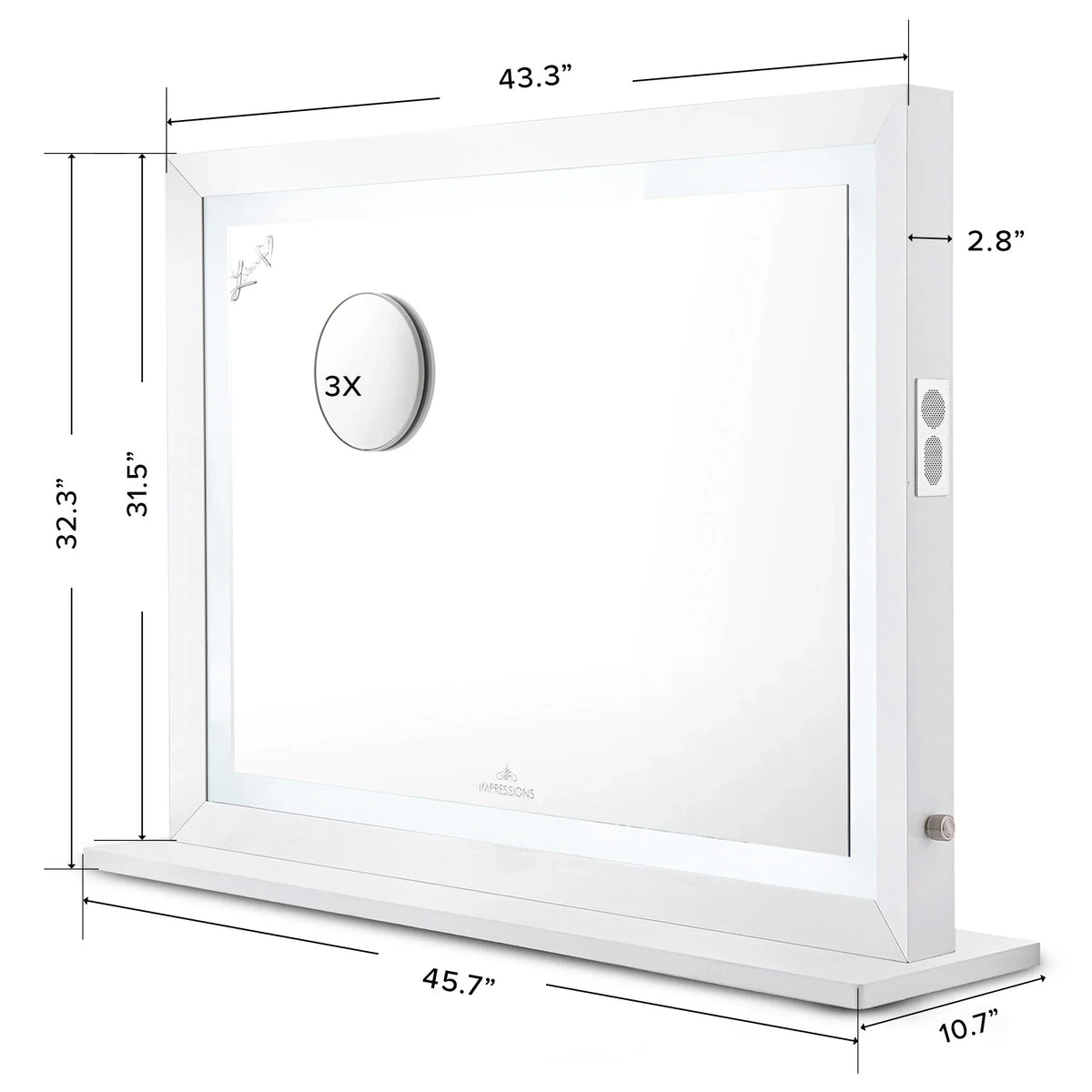 Impressions Vanity Makeup Mirror Liane V. Pro with Speakers and Dimmer Switch, Lighted Desk Mirror with Outer Metal Frame and 3X Magnified Mirror for Tabletop or Wall Mount (White)