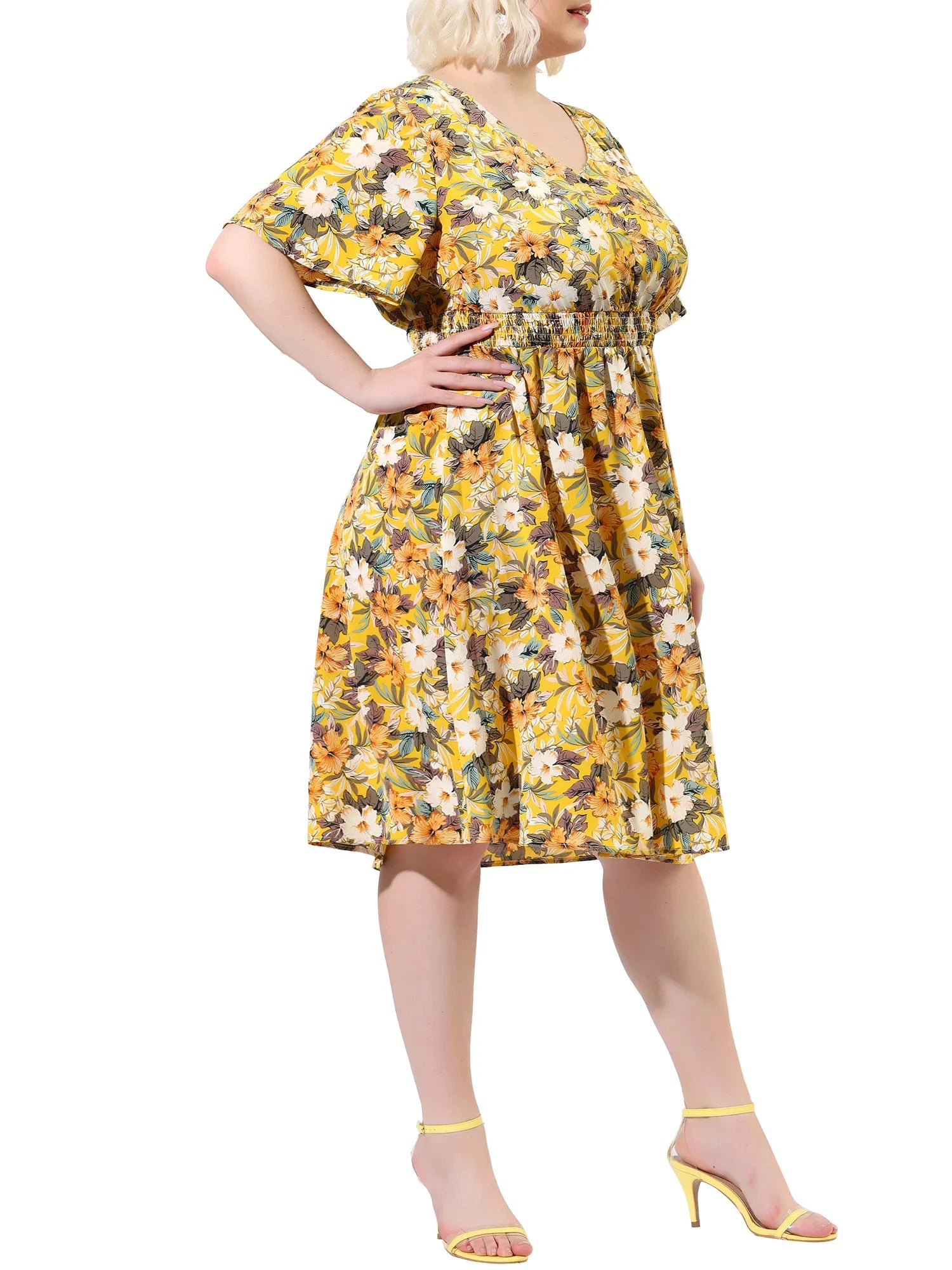 MODA NOVA Juniors' Plus V Neck Floral Print Flare Sleeve Casual Midi Dress Yellow 3X