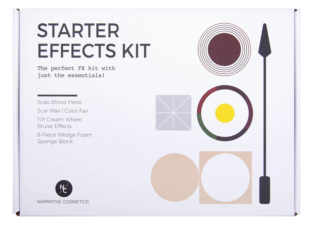 Narrative Cosmetics Starter Effects Kit - 6 Color Bruise Wheel, Scar Wax with Double Sided Spatula, Scab Blood Paste, and Foam Makeup Sponge Block - Perfect for Special FX and Theatrical Makeup
