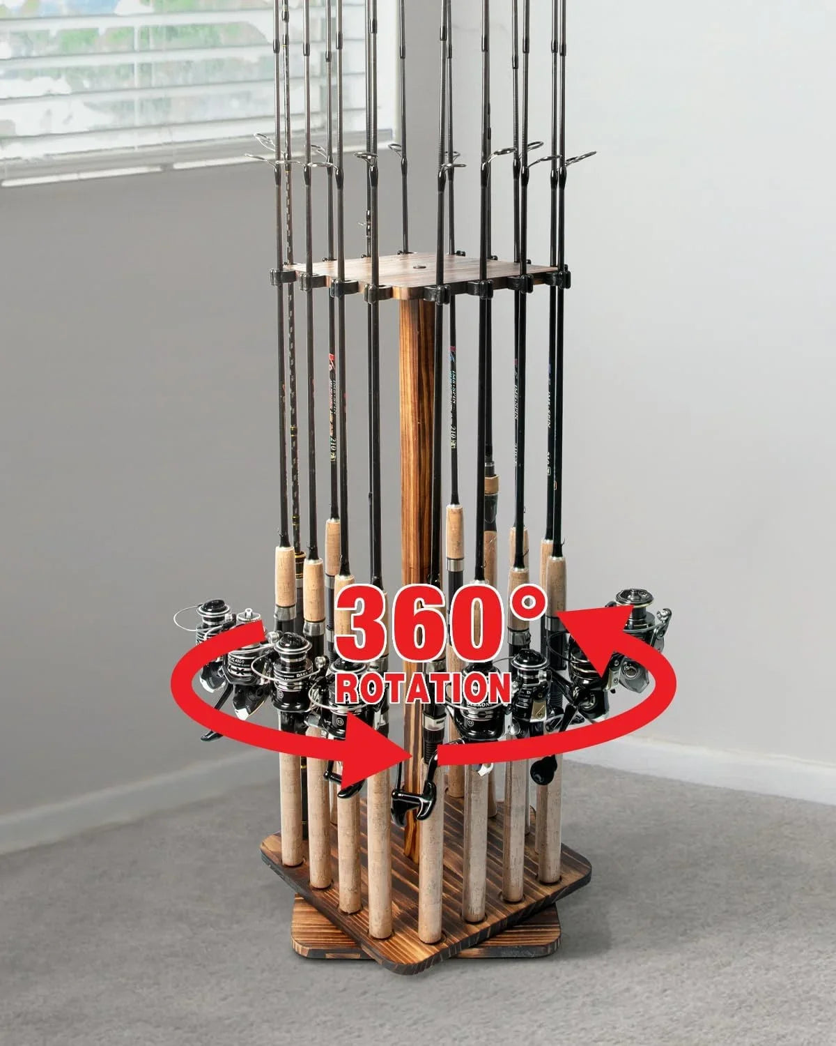 Ghosthorn Fishing Rod Pole Holders for Garage 360 Degree Rotating , Holds up to 16 Rods Wood Fishing Gifts for Men