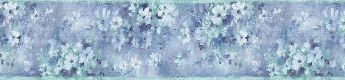 Dundee Deco's Peel and Stick Wallpaper Border - Abstract Blue Teal White Flowers Wall Border Retro Design, 15 ft x 7 in, Self Adhesive