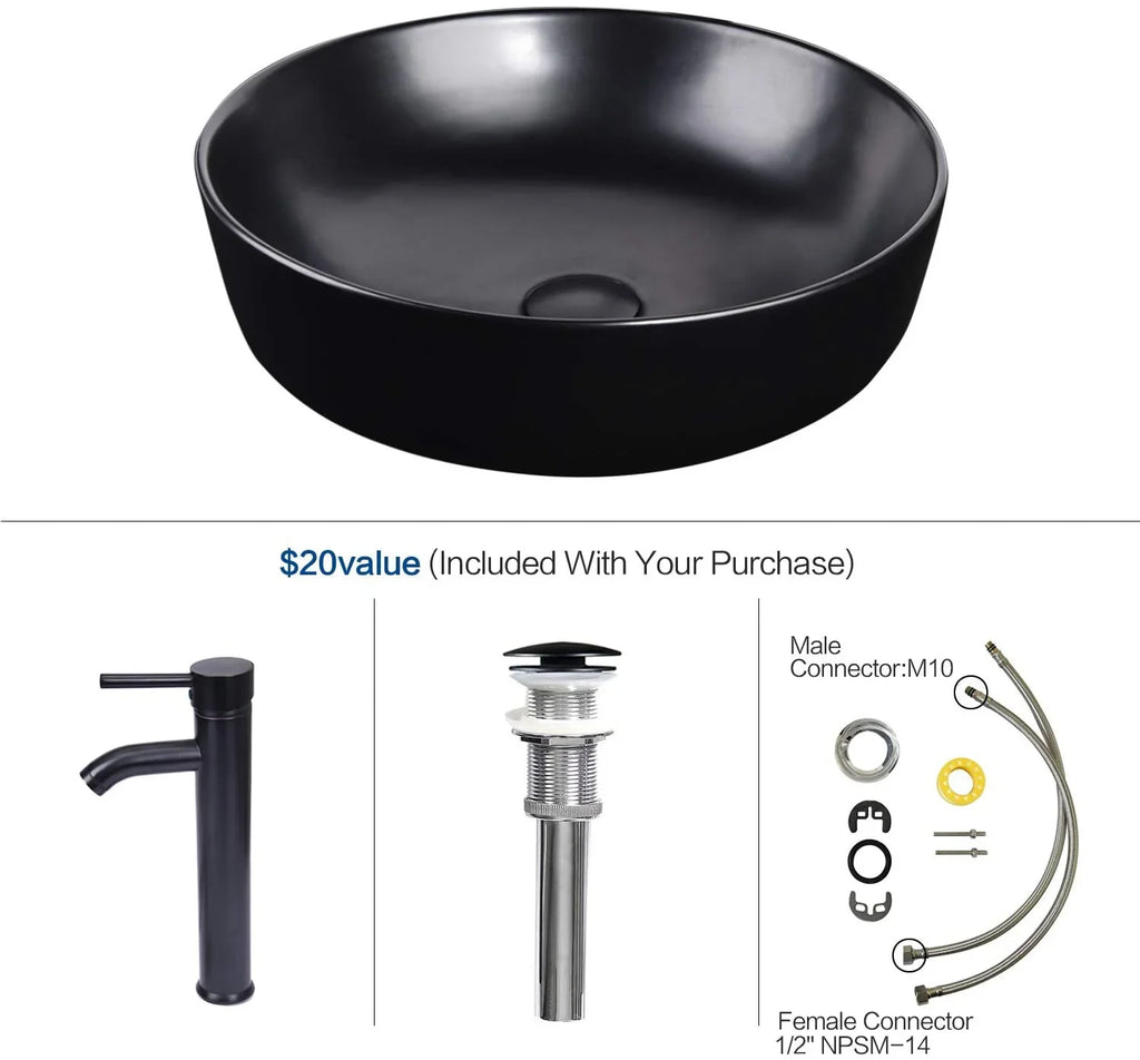PULUOMIS Artistic Porcelain Ceramic Vessel Sink Basin Washing Bowl Set Cabinet Countertop Sink with Chrome Faucet Pop-up Drain and Water Pipe Lavatory