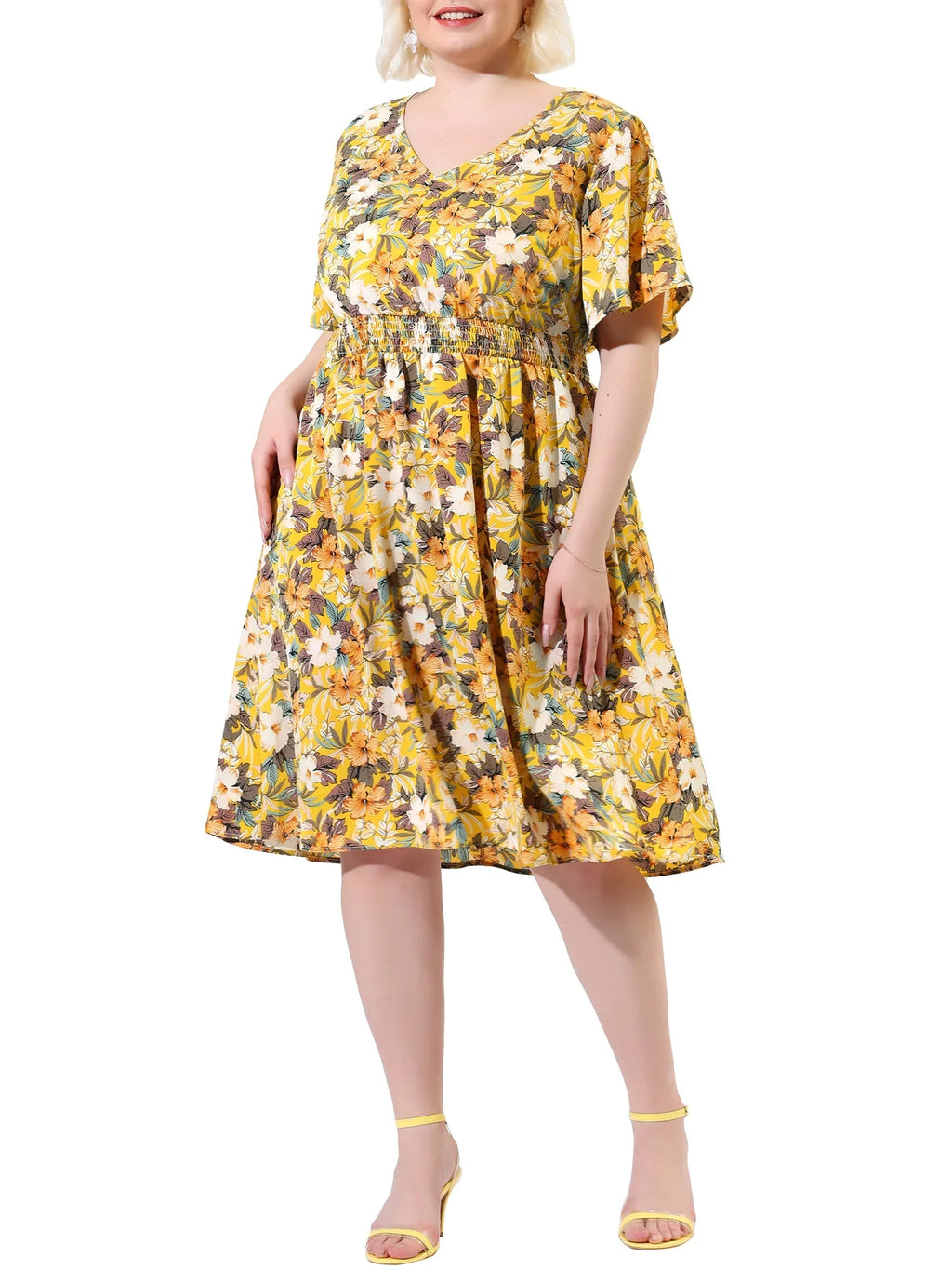 MODA NOVA Juniors' Plus V Neck Floral Print Flare Sleeve Casual Midi Dress Yellow 3X