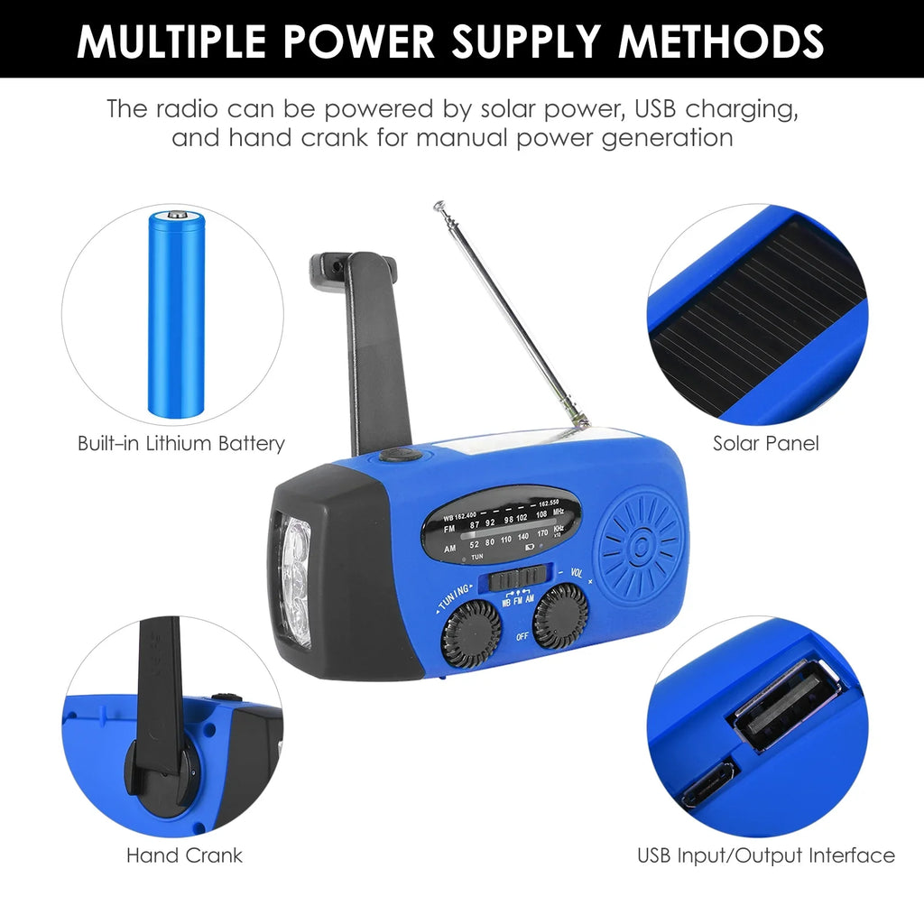 OWSOO Hand Crank Solar Climate AM / / NOAA Climate Rechargeable Portable Bank with Solar Charging & Hand Crank & Battery Operated Flashlight Cell Reading Lamp for Camping Hiking Adve