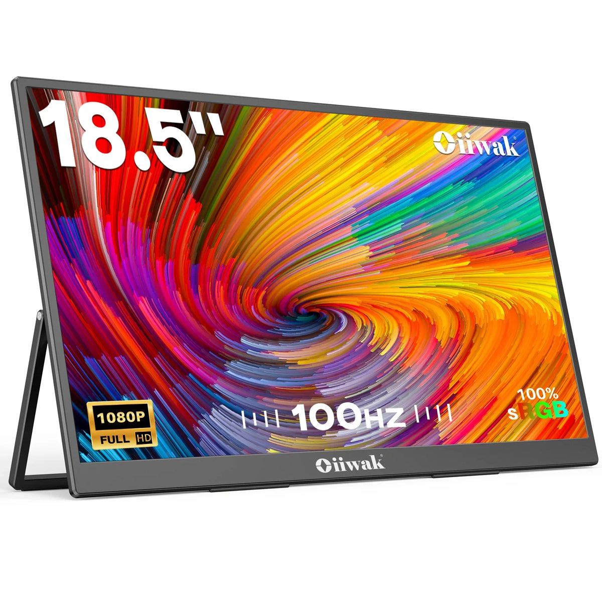 Oiiwak 18.5 inch Large Portable Monitor,100HZ Second Screen Extender for Laptop, 100% sRGB 1080P FHD IPS Frameless Travel Gaming Monitor, Dual Speakers, 180° Foldable Stand & VESA