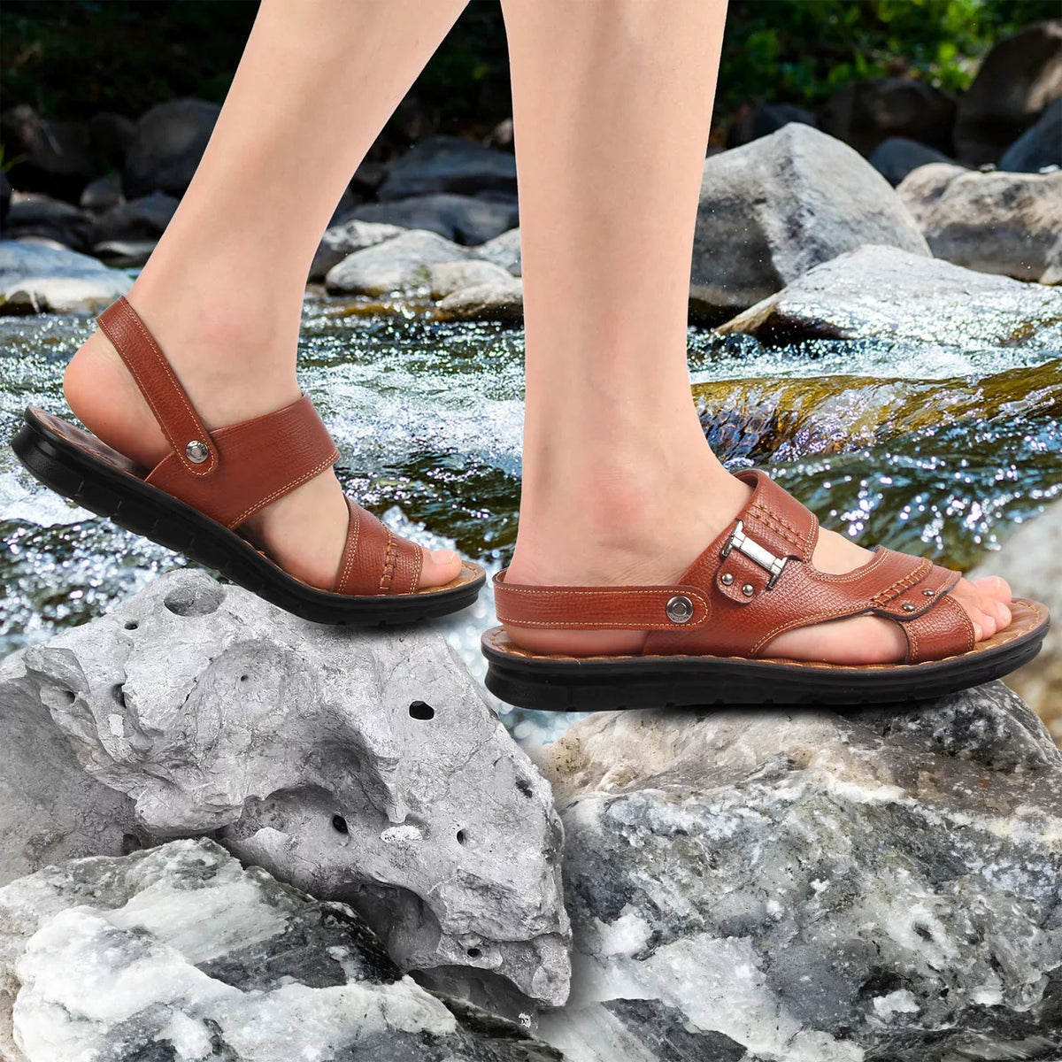 ILJNDTGBE Sandals for Men Leather Hiking Sandals Men Summer Two Wear Clasp Strap Casual Open Toe Flat Soft Bottom Breathable Shoes Sandals