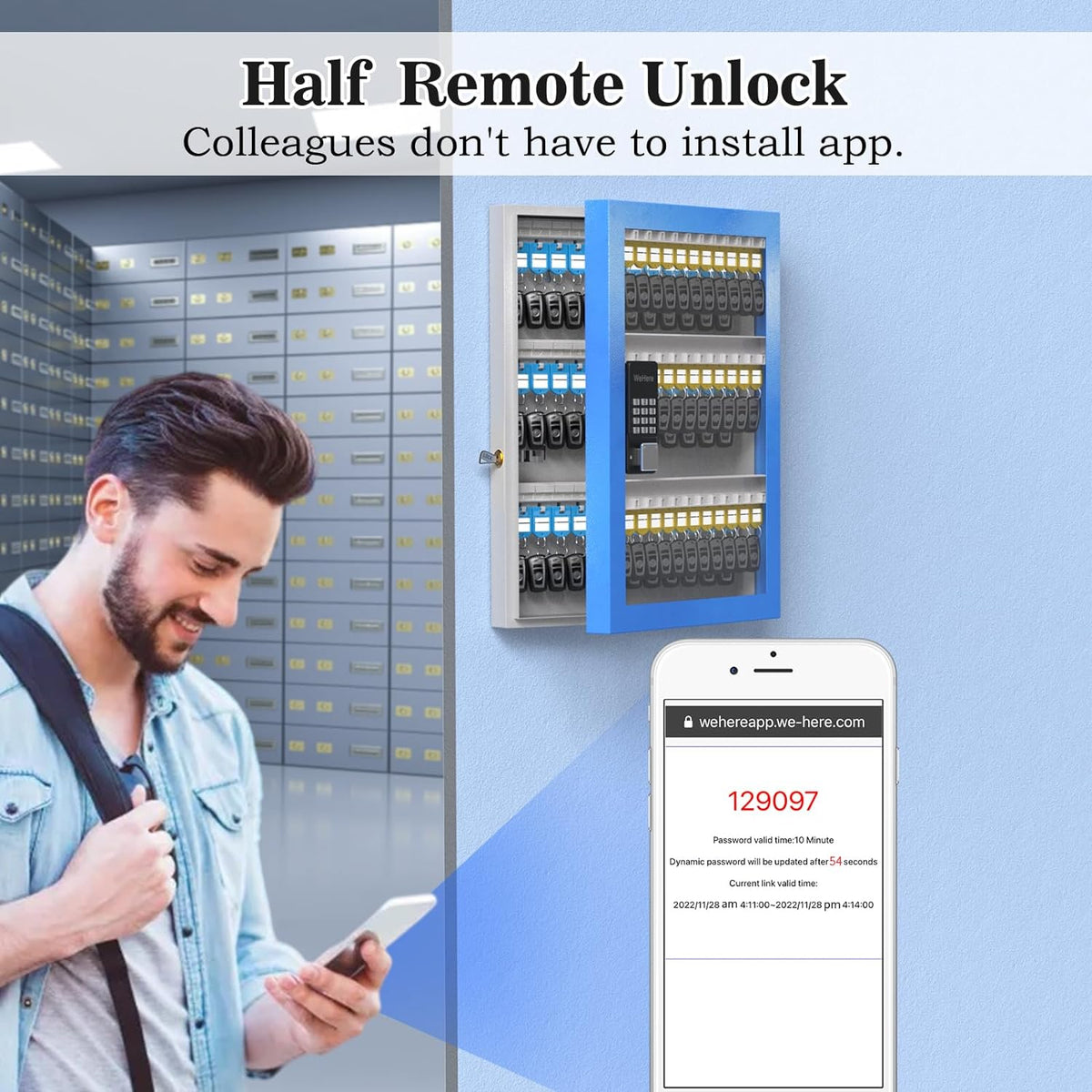 96 Key Lock Box Plus, Smart Key Cabinet Wall Mount, OTP Share Half-Remote Security Storage Lockbox, APP Bluetooth/Fixed Code for Car Dealership，，
