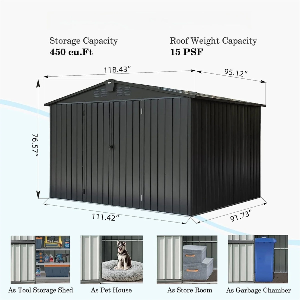 Capri Outdoor Storage Shed 10'x 8', Metal Garden Shed for Bike, Trash Can, Tools, Galvanized Steel Outdoor Storage Cabinet with Lockable Door for Backyard, Patio, Lawn, Black