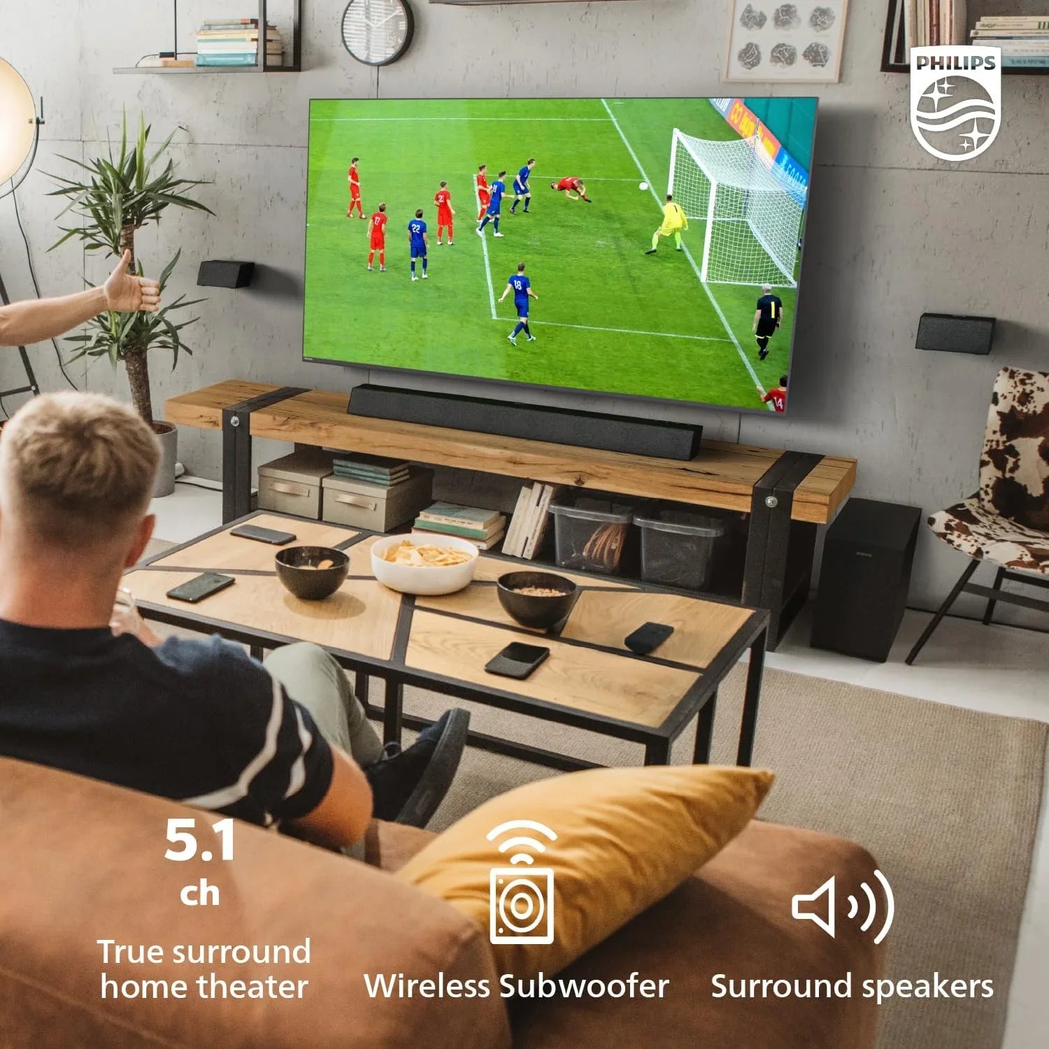 Philips B7568 5.1 Channel Soundbar w Wireless Subwoofer & Wired Surround Speakers