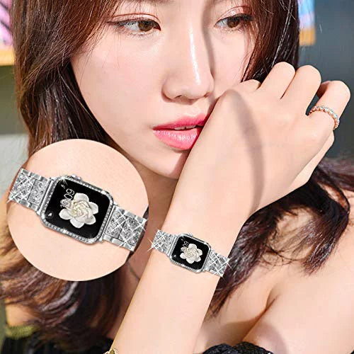 Mosonio Fitting with Apple Watch Band 42mm with Case Women, Jewelry Replacement Metal Wristband Strap with 2 Pack Bling PC Protective Protection for iWatch Series 3/2/1(Silver) Silver 42 mm