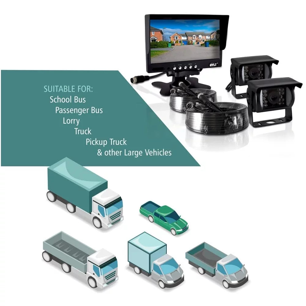 Climate Rearview Backup Camera & Monitor Video System, Commercial Grade, 2 Cameras, 7" Monitor, Dual DC 12-24V for Bus, Truck, Trailer, Van