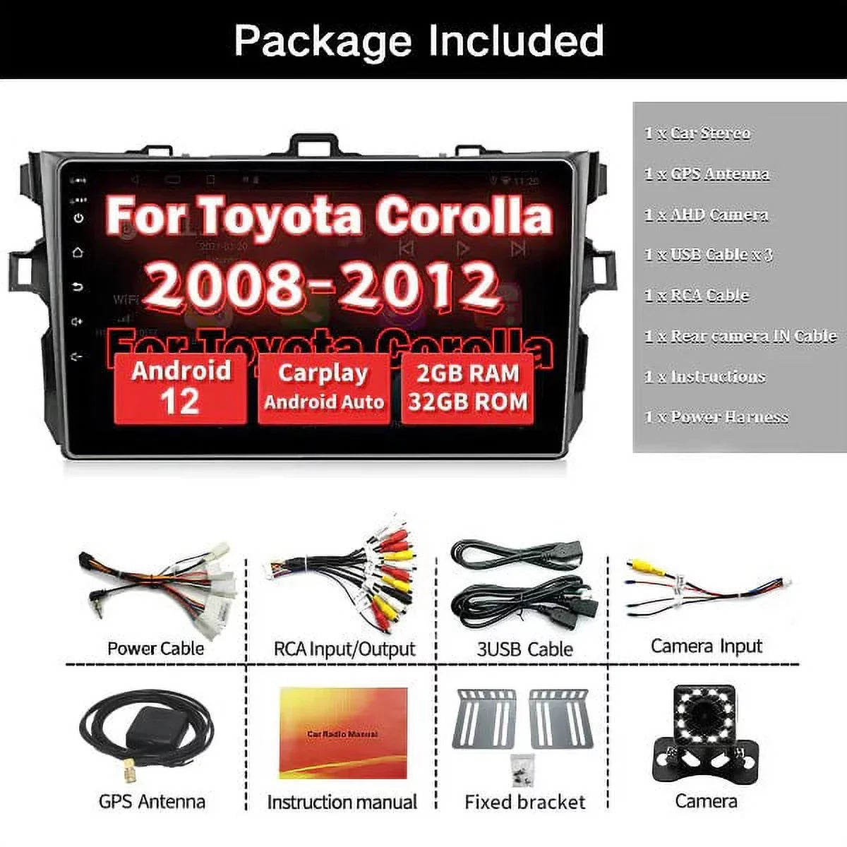 Binize Car Stereo for Toyota Corolla 08-12 Android 12 Suitable with CarPlay&Android Auto,9 Inch Touch Screen Double Din Car Radio Support Bluetooth, GPS Navigation, FM&AM, Backup Camera