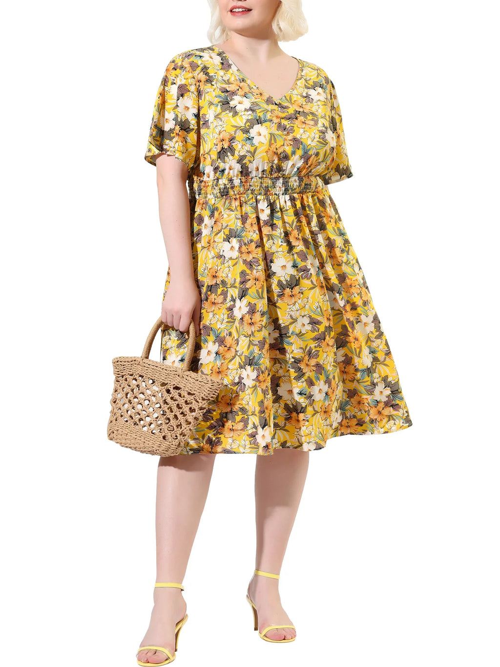 MODA NOVA Juniors' Plus V Neck Floral Print Flare Sleeve Casual Midi Dress Yellow 3X