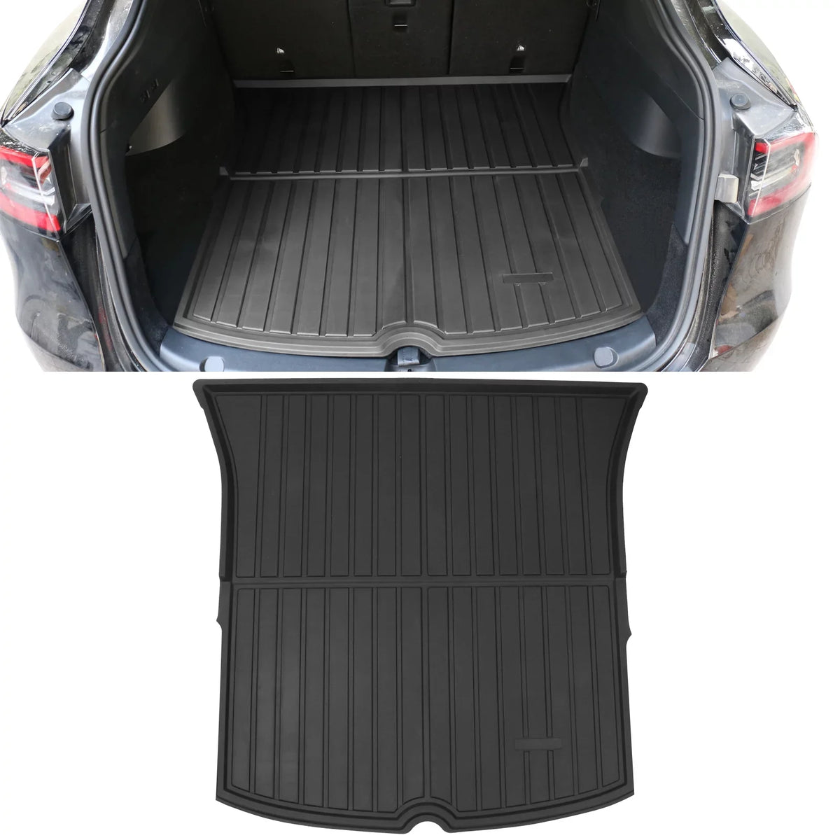 Ikon Motorsports Trunk Mats + Protector Backrest Shield Matching with 2020-2023 Tesla Model Y Black Injection TPE All Condition Waterproof Anti-Slip Frunk Trunk Under Cargo Storage Liner Mat