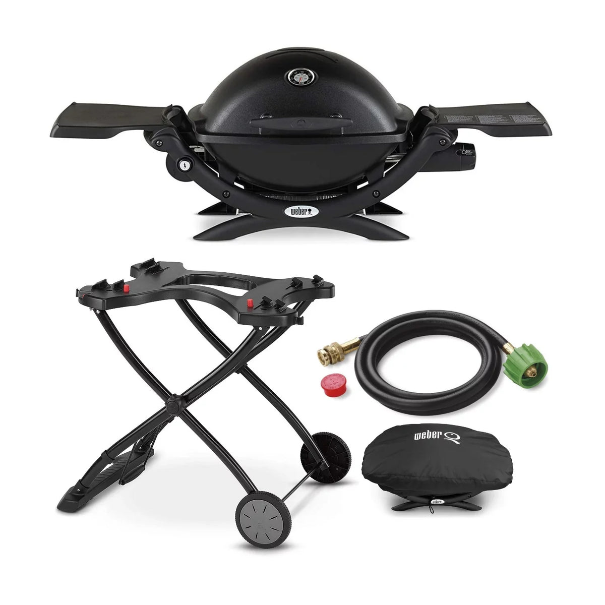 Weber Q1200 Liquid Propane Grill (Black) with Portable Cart, Adapter Hose Bundle