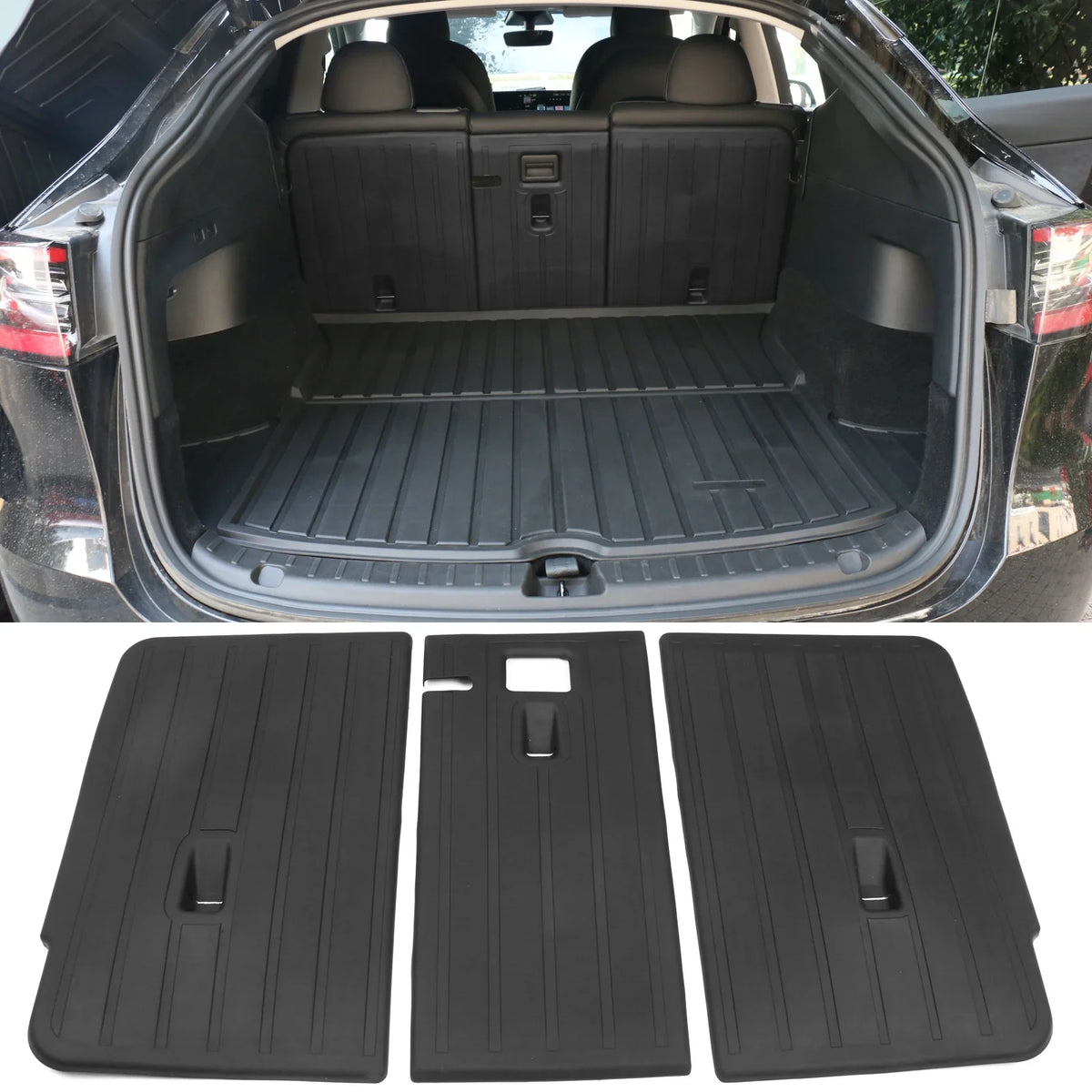 Ikon Motorsports Trunk Mats + Protector Backrest Shield Matching with 2020-2023 Tesla Model Y Black Injection TPE All Condition Waterproof Anti-Slip Frunk Trunk Under Cargo Storage Liner Mat