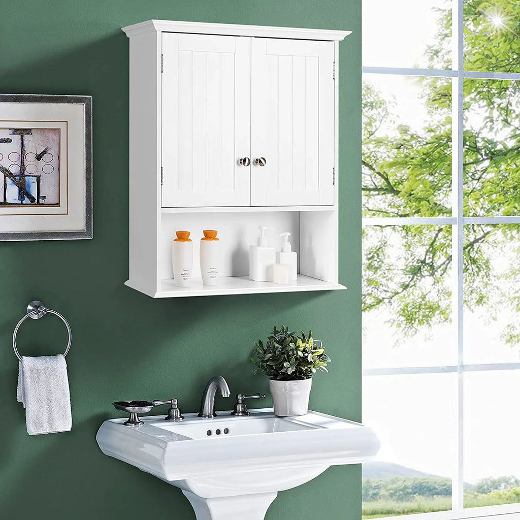 Bathroom Wall Cabinet, Wooden Hanging Storage Cabinet with Doors & Shelves, Multipurpose Storage Cabinet for Bathroom Kitchen Living Room, Wall Mounted Bathroom Medicine Cabinet