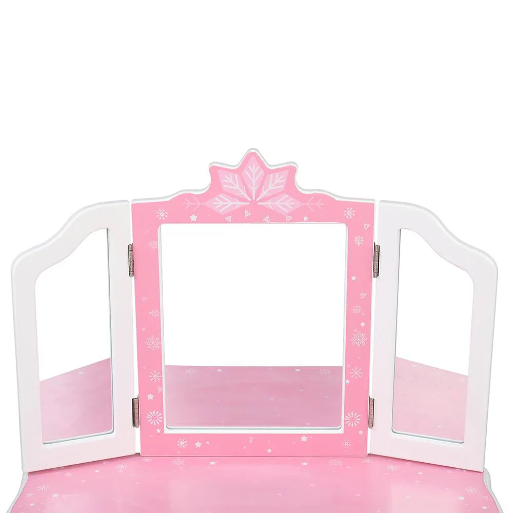 SalonMore Snow Style Wooden Kids Vanity Makeup Desk w/ Mirror,Stool,Drawer Pink