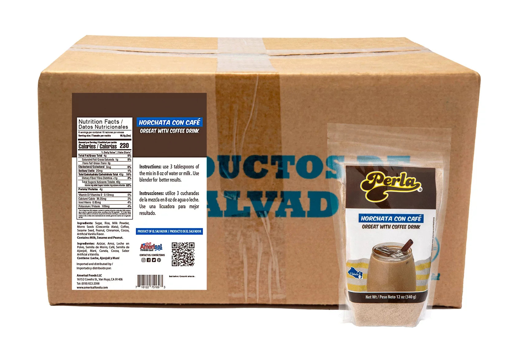 Perla Horchata Salvadorena con Cafe (Orgeat with Coffee Drink) Case of 20 (12 oz each)
