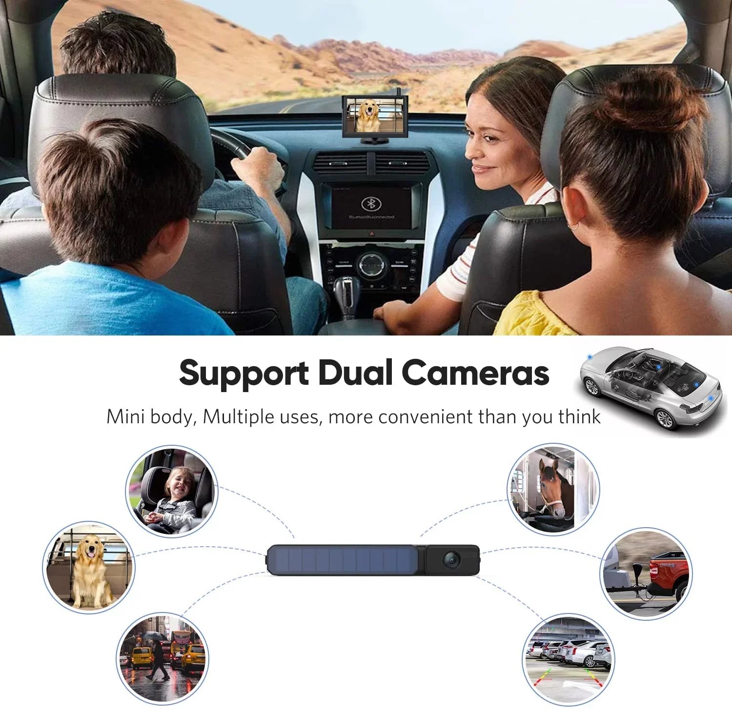 Wireless Backup Camera Solar Rear View Parking System for Car, 2 Channels Reverse Camera Wireless with Monitor Easy Installation,Solar Battery License Plate Camera for Trailer RV