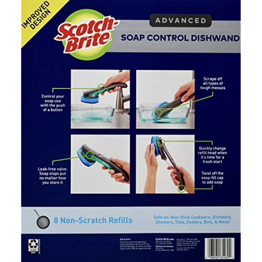 Scotch Brite Advanced Soap Control Dishwand And Scraper, 8 Non-Scratch Refills
