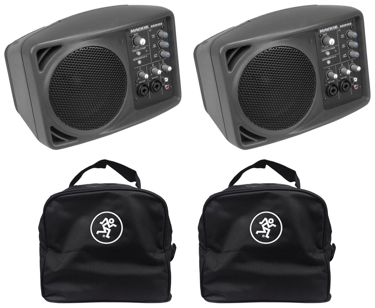 (2) Mackie SRM150 Powered Active PA Monitor Speaker + (2) Mackie Travel Bags