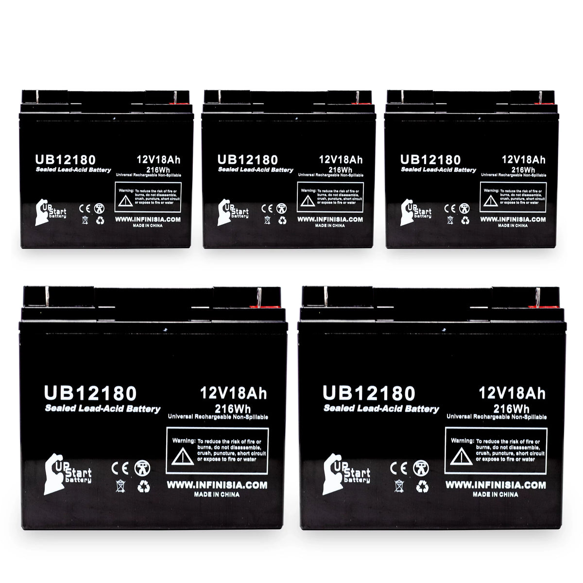 5x Pack - Fitting EAGLE PICHER BATTERIES CF12V18 Battery - Replacement UB12180 Universal Sealed Lead Acid Battery (12V, 18Ah, 18000mAh, T4 Terminal, AGM, SLA)