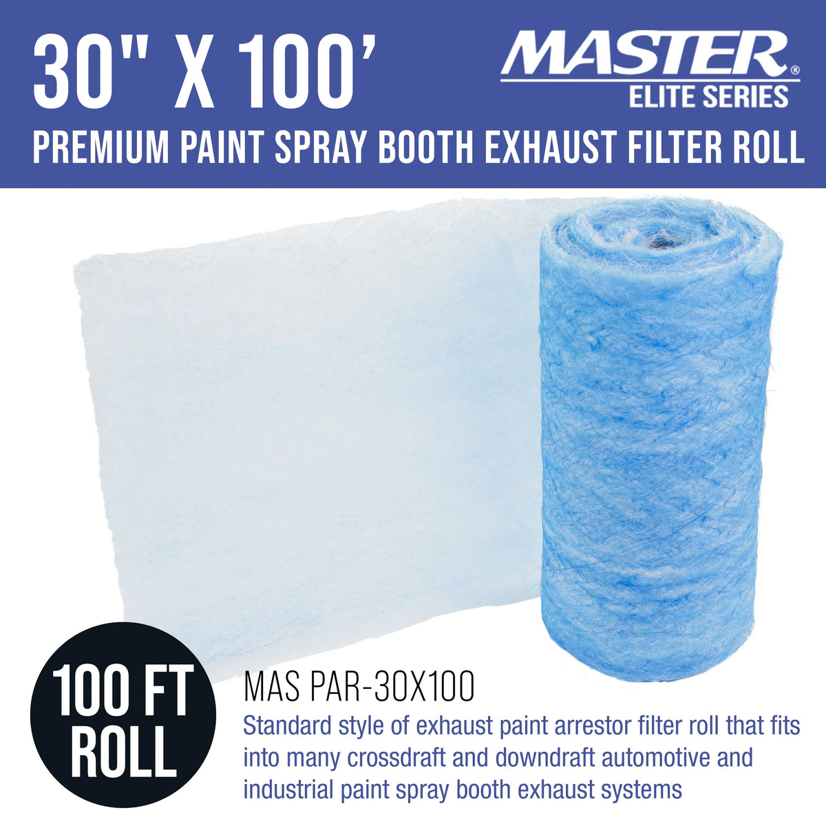 Master Elite Premium Paint Spray Booth Exhaust Filter Roll, 30" x 100' - 18 Gram Heavy-Duty Fiberglass Paint Arrestor - Captures Traps Overspray Paint Particles in Auto Autobody Refinish Booths