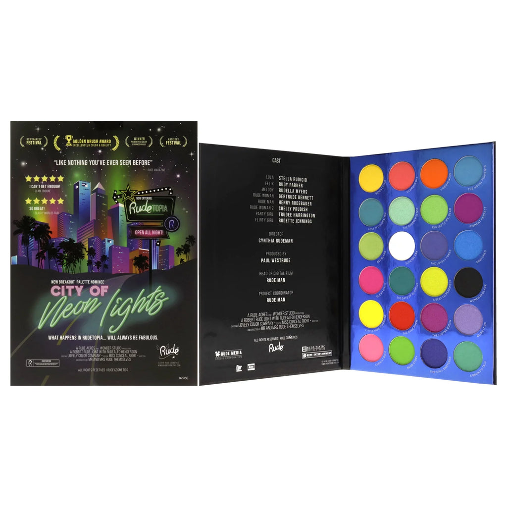 Rude Cosmetics City of Neon Lights - 24 Vibrant Pigment and Eyeshadow Palette , 0.63 oz Eye Shadow