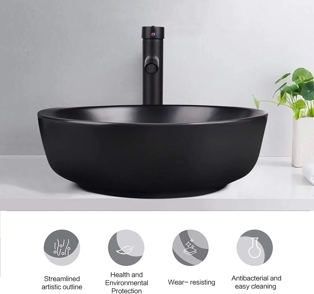 PULUOMIS Artistic Porcelain Ceramic Vessel Sink Basin Washing Bowl Set Cabinet Countertop Sink with Chrome Faucet Pop-up Drain and Water Pipe Lavatory