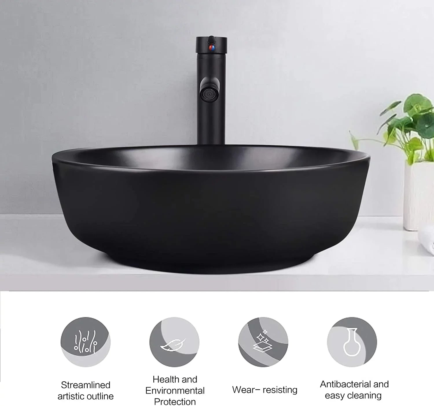 PULUOMIS Artistic Porcelain Ceramic Vessel Sink Basin Washing Bowl Set Cabinet Countertop Sink with Chrome Faucet Pop-up Drain and Water Pipe Lavatory