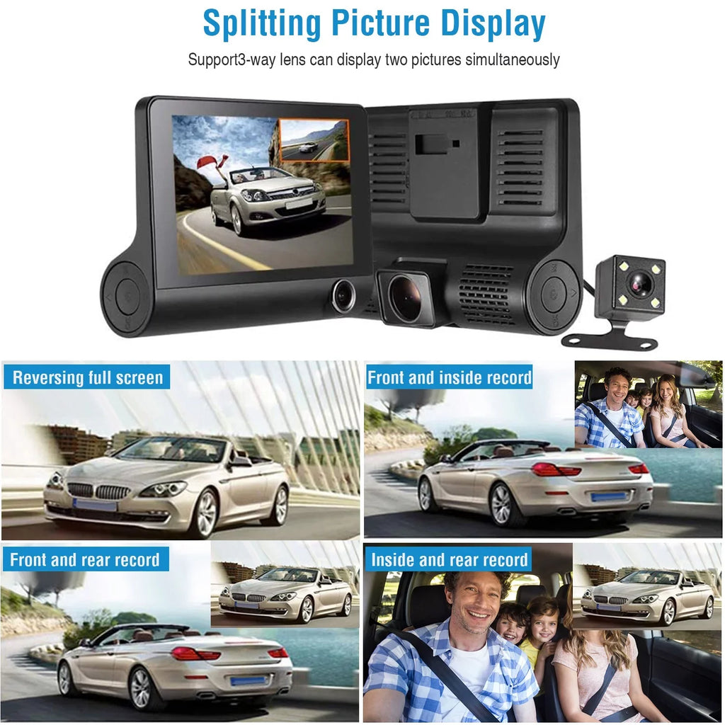 iMounTEK Car Recorder, FHD 1080P 4in Touch Screen Car DVR Dash Camera 3 Lens Vehicle Driving Recorder Seamless Loop Recording with 32.8ft Rear Camera Wire, Black