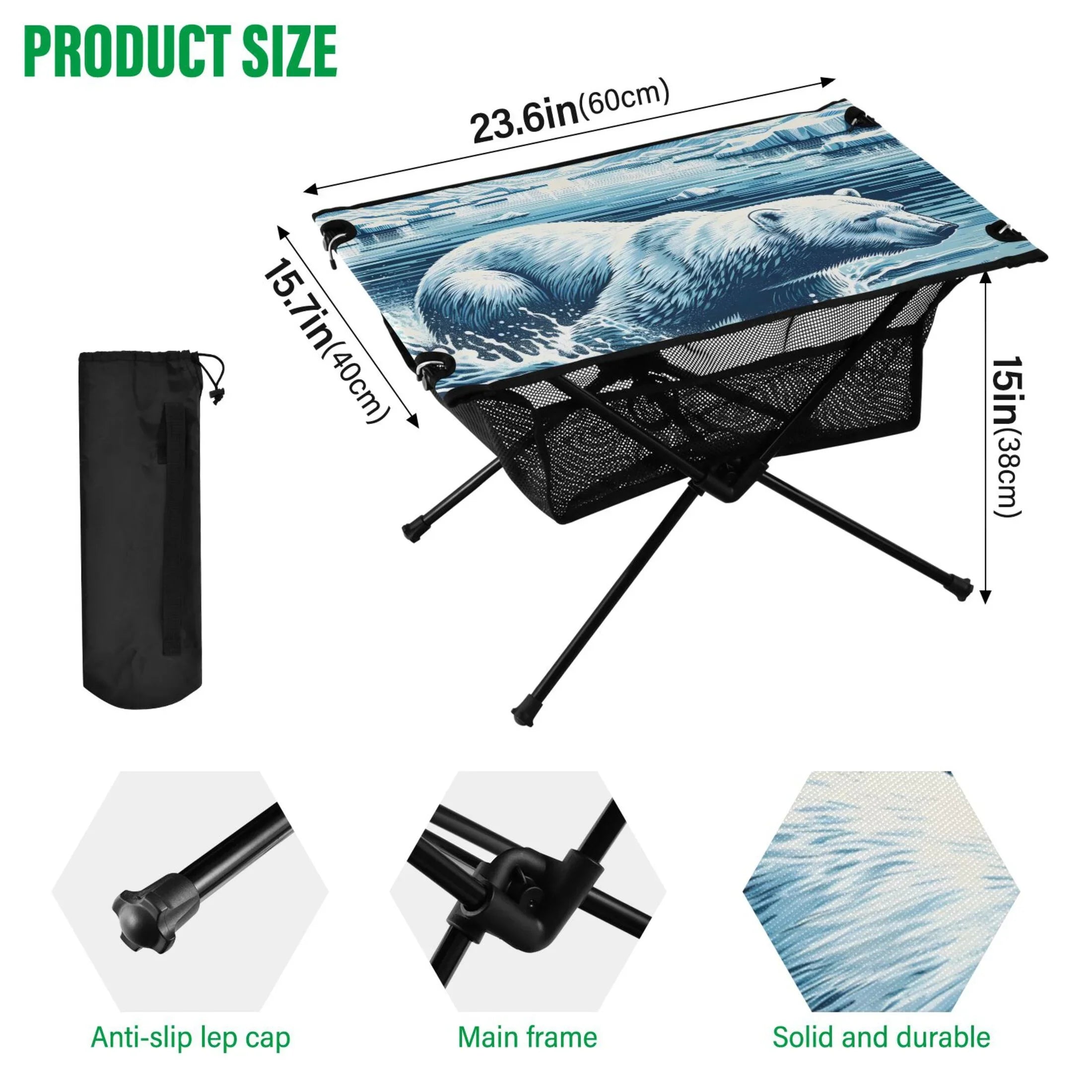 Polar Bear Swimming Camping Folding Table Portable Beach Table with Storage Bag Compact Picnic Table for Outdoor Travel Fishing BBQ